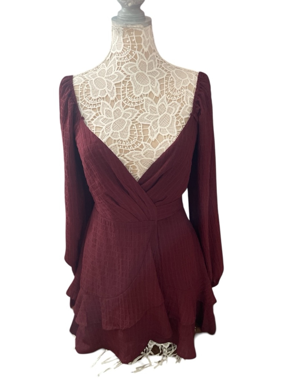 Burgundy Long-Sleeve Tie-Waist Mini Dress
